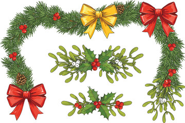 Christmas garland, holiday decoration, pine branches, red berries, festive bows, mistletoe, holly leaves, winter decor, seasonal ornaments, traditional Christmas, gift embellishments, celebration