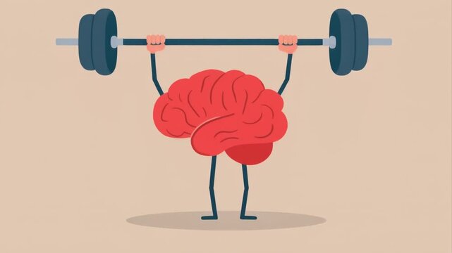 Cute flat cartoon illustration of a red human brain with simple rounded shape lifting a barbell above its head small stick arms and legs expressive playful style minimal details smooth outlines soft p