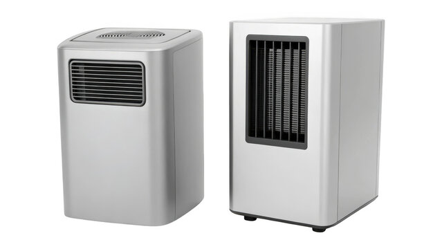 Two portable evaporative air coolers on black background