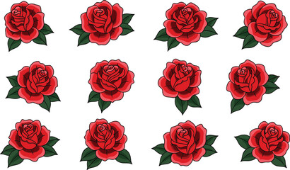 Collection of detailed red rose illustrations with green leaves, perfect for floral designs, romantic decorations, botanical artwork, patterns, invitations, and craft projects