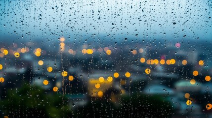 Urban panorama observed through moisture laden glass city lights blurred by rainy window pane creating reflective atmospheric scene.