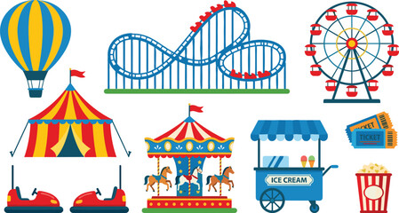 Colorful amusement park attractions, carnival rides, hot air balloon, roller coaster, ferris wheel, carousel, bumper cars, food stands, festive fair scene © Rejowanul Expressive