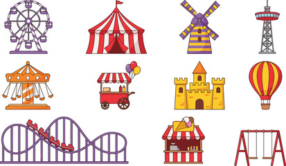 Colorful amusement park icons, carnival rides, circus tent, ferris wheel, roller coaster, food stalls, playground elements, fun fair illustration set © Rejowanul Expressive