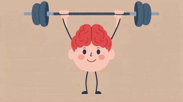 Cute cartoon style flat illustration of a red brain doing weightlifting playful minimal design smooth outlines pastel color palette vector beige background
