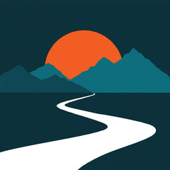 Serene mountain landscape with a winding road leading towards the setting sun, evoking a sense of journey and tranquility