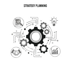 Strategic planning and business development icons representing growth, collaboration, and innovation in a modern digital graphic