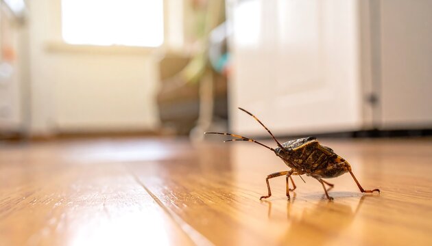 A close-up, low-angle shot showcases a brown insect on a shiny wood floor inside a well-lit room, with bright sunlight