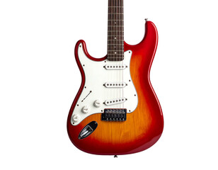 A classic six-string electric guitar with a gradient finish, presented against a stark black background