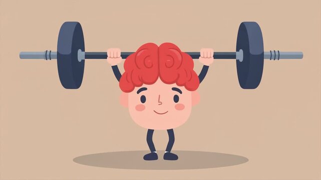 Flat cartoon style vector illustration of a red brain lifting weights friendly expressive character smooth outlines pastel colors minimal beige background
