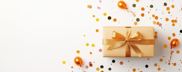  beautifully wrapped gift box with a golden ribbon, surrounded by colorful confetti and balloons, perfect for celebrations.