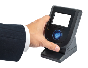 A business professional's hand interacts with a biometric device, featuring a blank screen, designed for security