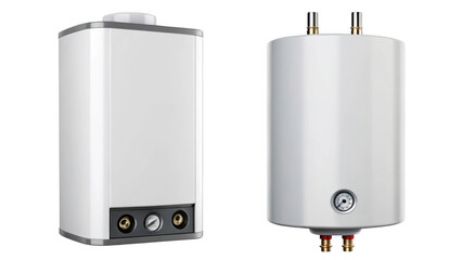 Two modern white water heaters on black background