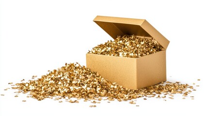  golden box overflowing with shiny, metallic flakes, creating a sparkly mess around it, symbolizing wealth or celebration.