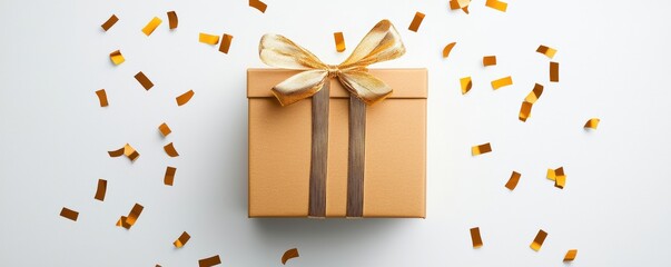  beautifully wrapped gift box with a golden bow, surrounded by colorful confetti, perfect for celebrations and special occasions.