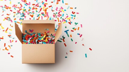 colorful box spilling vibrant confetti, creating a festive and cheerful atmosphere, perfect for celebrations and parties.