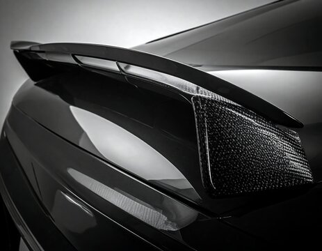 A close-up, monochromatic shot showcases a sleek, black automobile's rear, focusing on the spoiler and taillight. Dramatic lighting enhances the details
