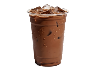 Iced chocolate drink in plastic cup with condensation, isolated on transparent background isolated on transparent background