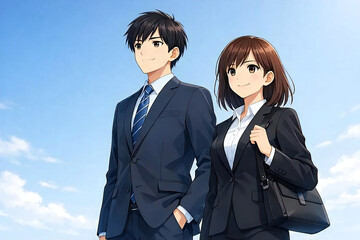 青空の下、歩く若い男女のビジネスパーソンのアニメ風イラスト 。採用・企業イメージ向け
