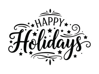 Happy Holidays lettering with stars and decorative swirls, black festive typography isolated on white background