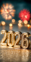 2026年 新年のお祝い ゴールドの数字と夜空に舞う花火 背景素材
