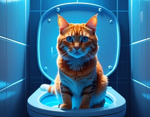 Ginger cat with striking blue eyes sits atop a toilet seat