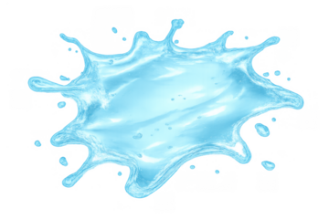 Blue water splash or liquid splatter creating a fresh abstract shape with drops on transparent background