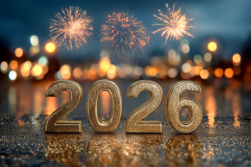 花火が輝く新年背景と「2026」立体文字（コピースペース）