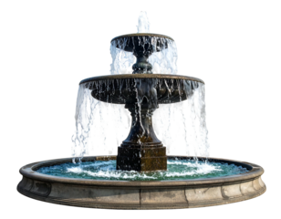 A classical, tiered fountain with cascading water and a stone base. Its design suggests a timeless presence, perfect for gardens