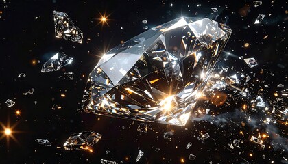 A large, multifaceted crystal shatters amidst sparkling fragments and celestial light, creating a dynamic, glamorous composition against a dark backdrop