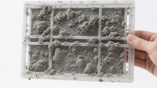 Cleaning airflow filters. Dirty air filter clogged with dust and debris held by hand showing clogged ventilation reducing air quality and efficiency