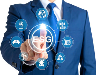 A businessperson in a blue suit touching a digital interface showcasing the concept of ESG, with related circular icons