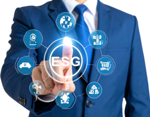 A businessperson in a blue suit touching a digital interface showcasing the concept of ESG, with related circular icons