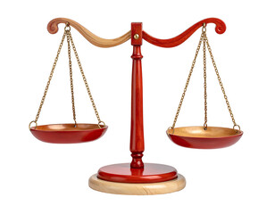 A classical two-pan balance scale, with rich red wooden structure and brass or gold-colored components