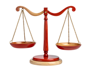 A classical two-pan balance scale, with rich red wooden structure and brass or gold-colored components