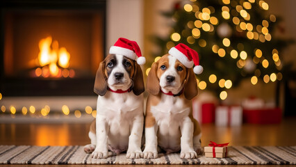 Cute Dogs Wearing Santa Hats Celebrating Christmas / Merry X-mas