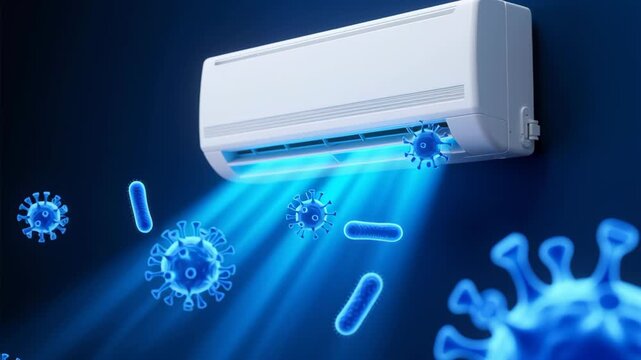 Cleaning airflow filters. Air conditioner emitting blue light beams targeting virus and bacteria particles for effective indoor air purification