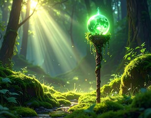 Illuminated staff in a magical, sunlit forest clearing