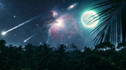 A stunning cosmic night sky unfolds above a lush tropical jungle, creating a scene of profound wonder and mystery. A brilliant full moon illuminates the dark silhouettes of palm trees and dense foliag