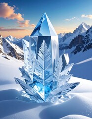 A large, multifaceted, crystalline structure resembling a frozen plant in snow. Mountains and a pastel sky form the backdrop