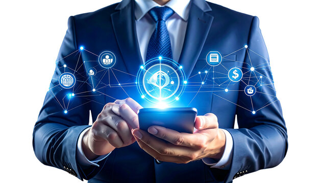 A businessperson in a suit, holding a smartphone with interconnected digital icons displayed above - Powered by Adobe