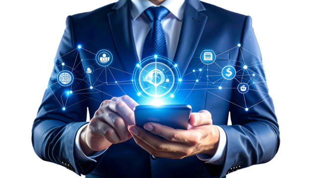 A businessperson in a suit, holding a smartphone with interconnected digital icons displayed above - Powered by Adobe