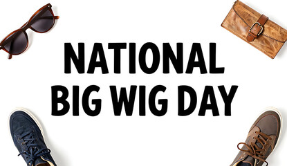 White background with bold black text &ldquo;National Big Wig Day&rdquo; surrounded by fashion accessories like sunglasses, sneakers, notebook; 4K, HD