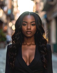 Fototapeta premium Stunning portrait of a young woman with elegant black hair and attire