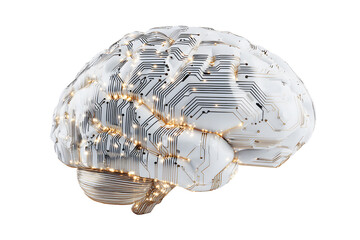 Digital white brain design overlaid isolated on cutout PNG or transparent background. Computer programming code and structural elements. Has futuristic, tech-inspired appearance. Future Technology.