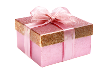 Angle color pink gift box with cloth satin bow ribbon gold border isolated on cutout PNG or transparent background. Festive holiday Christmas, happy new year, birthday. Festival very special time. 
