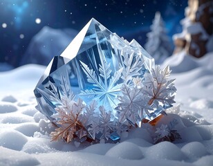 A large, multifaceted, crystalline structure resting on a bed of fresh, undisturbed snow, with detailed, icy flakes adorning it