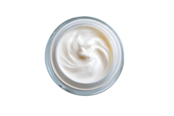 Top view of hygienic white color paint face cream in jar glass clear isolated on cut out PNG or transparent background. Makeup cosmetics for women. Beauty facial cosmetic product texture.