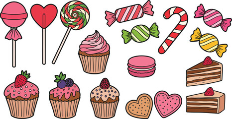 Cute Cartoon Sweets and Desserts Set with Cupcakes, Candies, Lollipops, Cakes, Macarons, and Cookies vector art