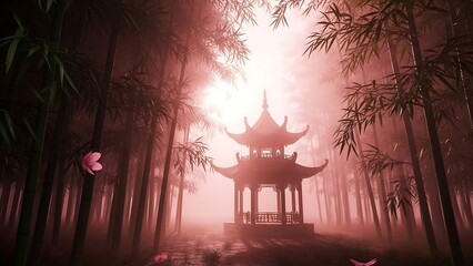Mysterious Pagoda in Bamboo Forest at Sunrise.