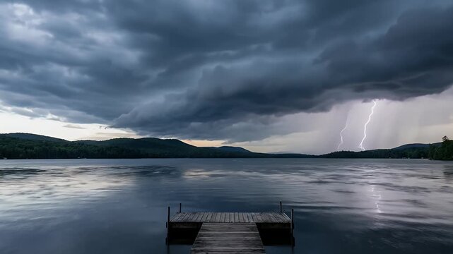 A stunning wide shot captures a serene lake beneath a dramatic, dark storm sky. Heavy, foreboding clouds loom over distant forested mountains, as a powerful lightning strike illuminates the downpour a